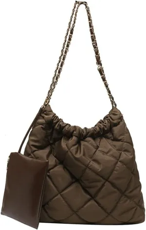 GRPKSSIB Women's Puffer Bag Quilted Shoulder Bag Nylon Tote bag Puffy Handbag Chain Straps with Coin Purse 2 in 1