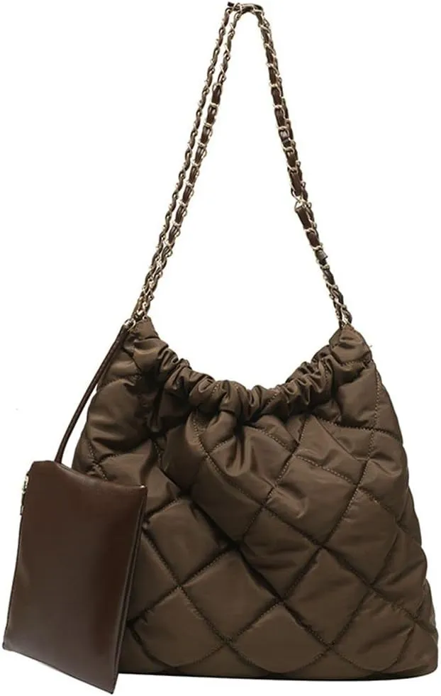 GRPKSSIB Women's Puffer Bag Quilted Shoulder Bag Nylon Tote bag Puffy Handbag Chain Straps with Coin Purse 2 in 1