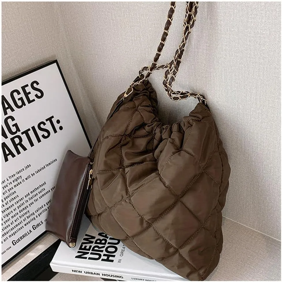 GRPKSSIB Women's Puffer Bag Quilted Shoulder Bag Nylon Tote bag Puffy Handbag Chain Straps with Coin Purse 2 in 1