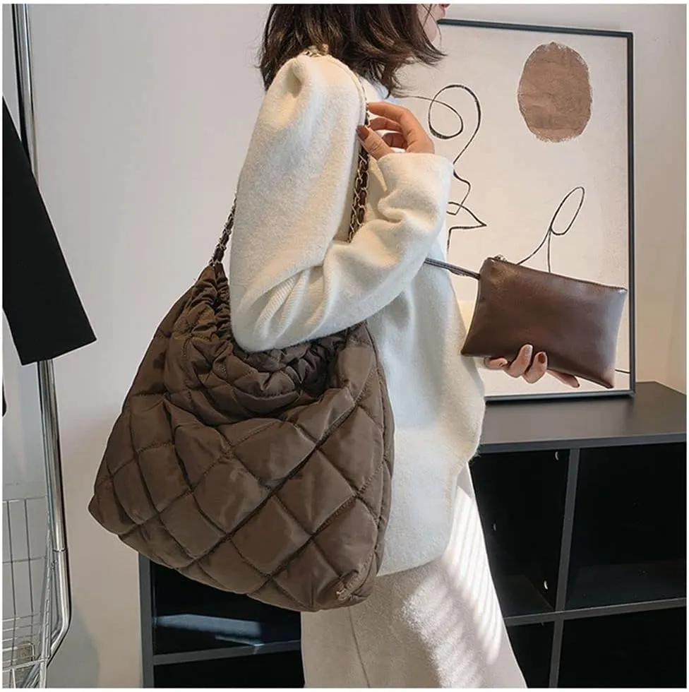 GRPKSSIB Women's Puffer Bag Quilted Shoulder Bag Nylon Tote bag Puffy Handbag Chain Straps with Coin Purse 2 in 1