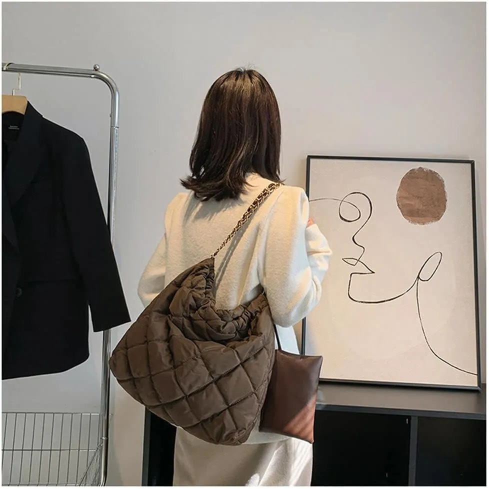 GRPKSSIB Women's Puffer Bag Quilted Shoulder Bag Nylon Tote bag Puffy Handbag Chain Straps with Coin Purse 2 in 1