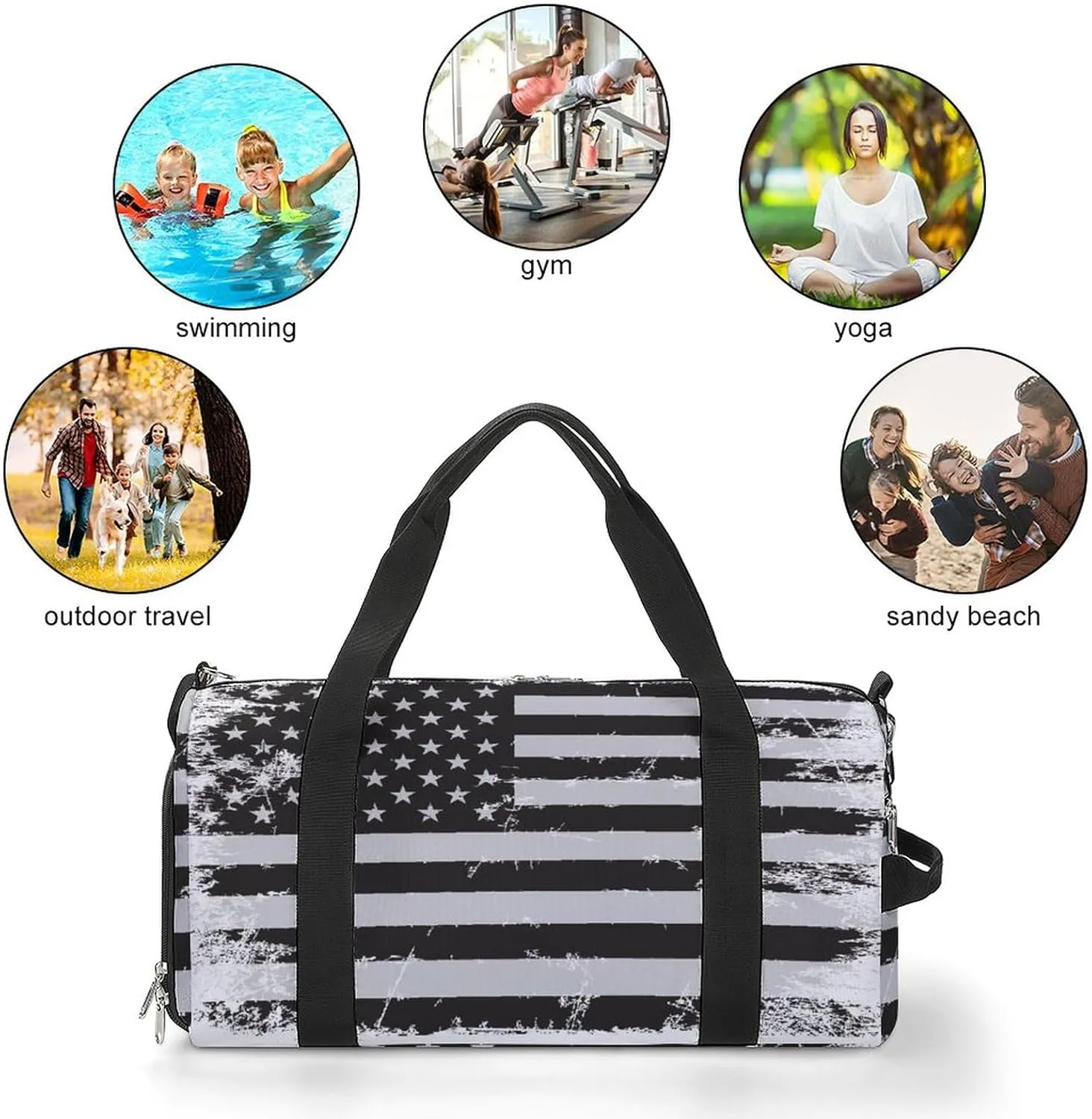 Grunges-vintage-american-flag Sports Tote Gym Bag for Women Men, Overnight Bag with Shoe Compartment Water Resistant