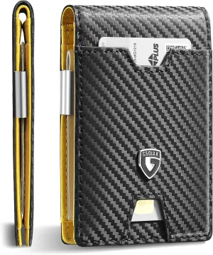 GSOIAX Men's Slim RFID Blocking Leather Wallet with Money Clip Minimalist Carbon Fiber Bifold Credit Card Holder 11 Card Slots Gift Box Included(Carbon Yellow)