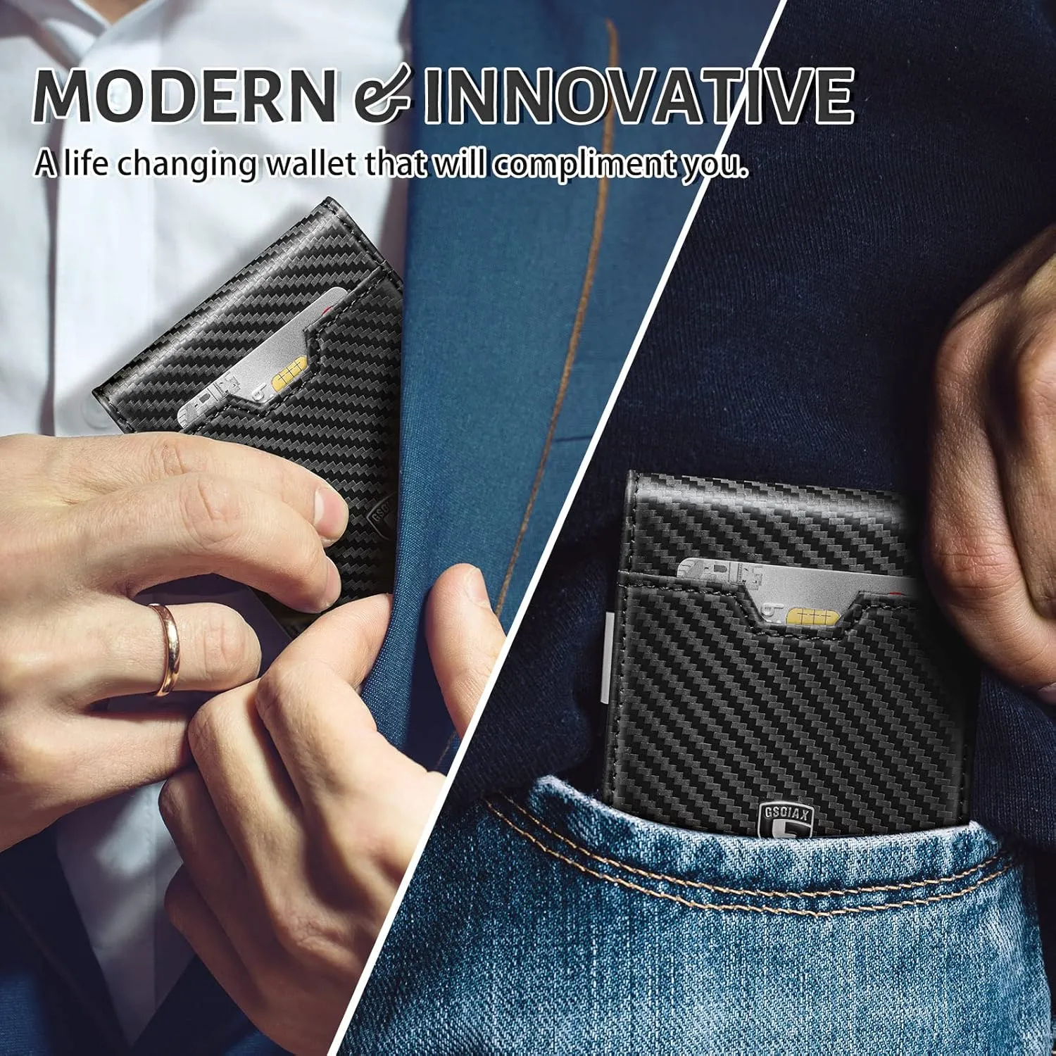 GSOIAX Men's Slim RFID Blocking Leather Wallet with Money Clip Minimalist Carbon Fiber Bifold Credit Card Holder 11 Card Slots Gift Box Included(Carbon Yellow)
