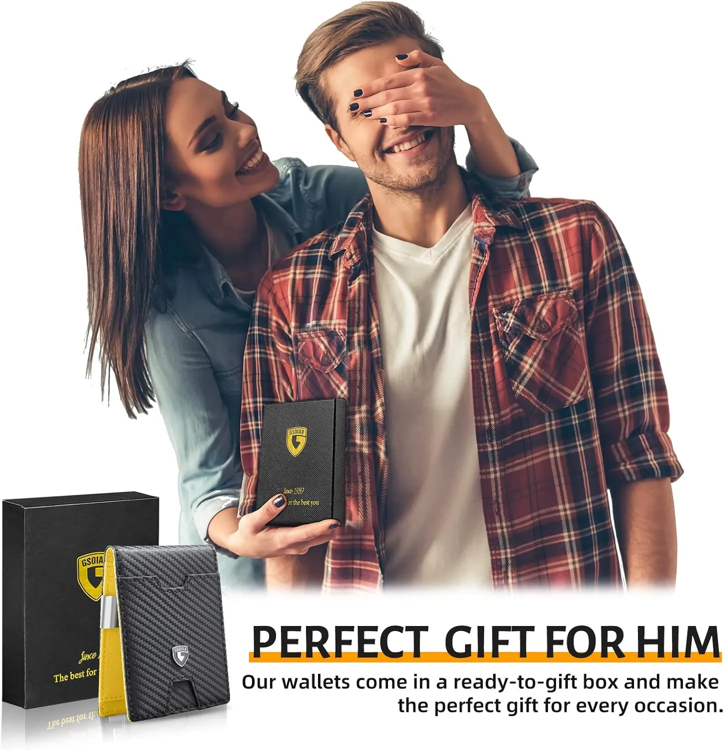 GSOIAX Men's Slim RFID Blocking Leather Wallet with Money Clip Minimalist Carbon Fiber Bifold Credit Card Holder 11 Card Slots Gift Box Included(Carbon Yellow)