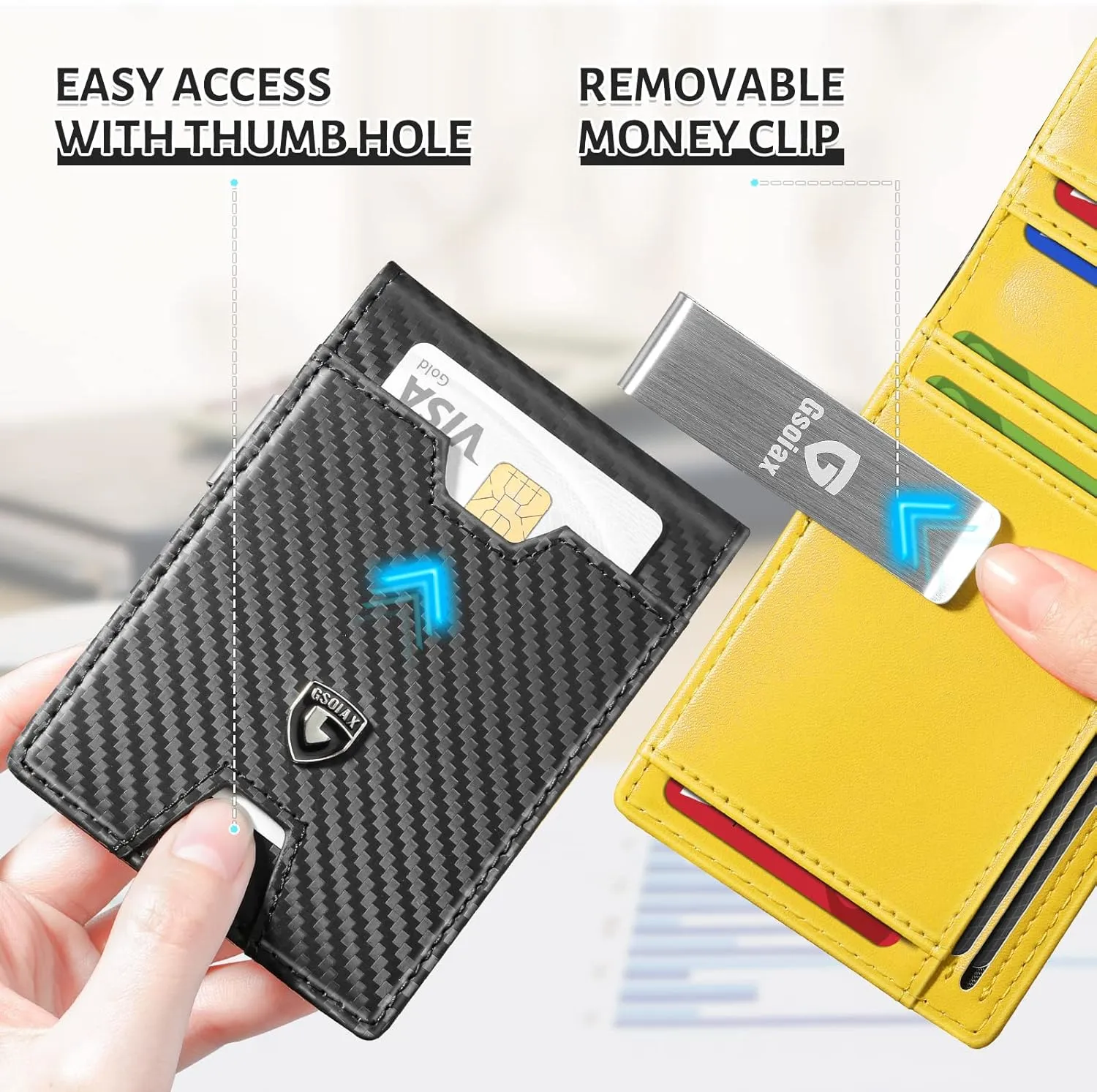 GSOIAX Men's Slim RFID Blocking Leather Wallet with Money Clip Minimalist Carbon Fiber Bifold Credit Card Holder 11 Card Slots Gift Box Included(Carbon Yellow)