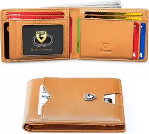 GSOIAX Mens Slim Wallet for Men Minimalist Genuine Leather Carbon Fiber Rfid Blocking Bifold Credit Card Holder With Gift Box (Brown)