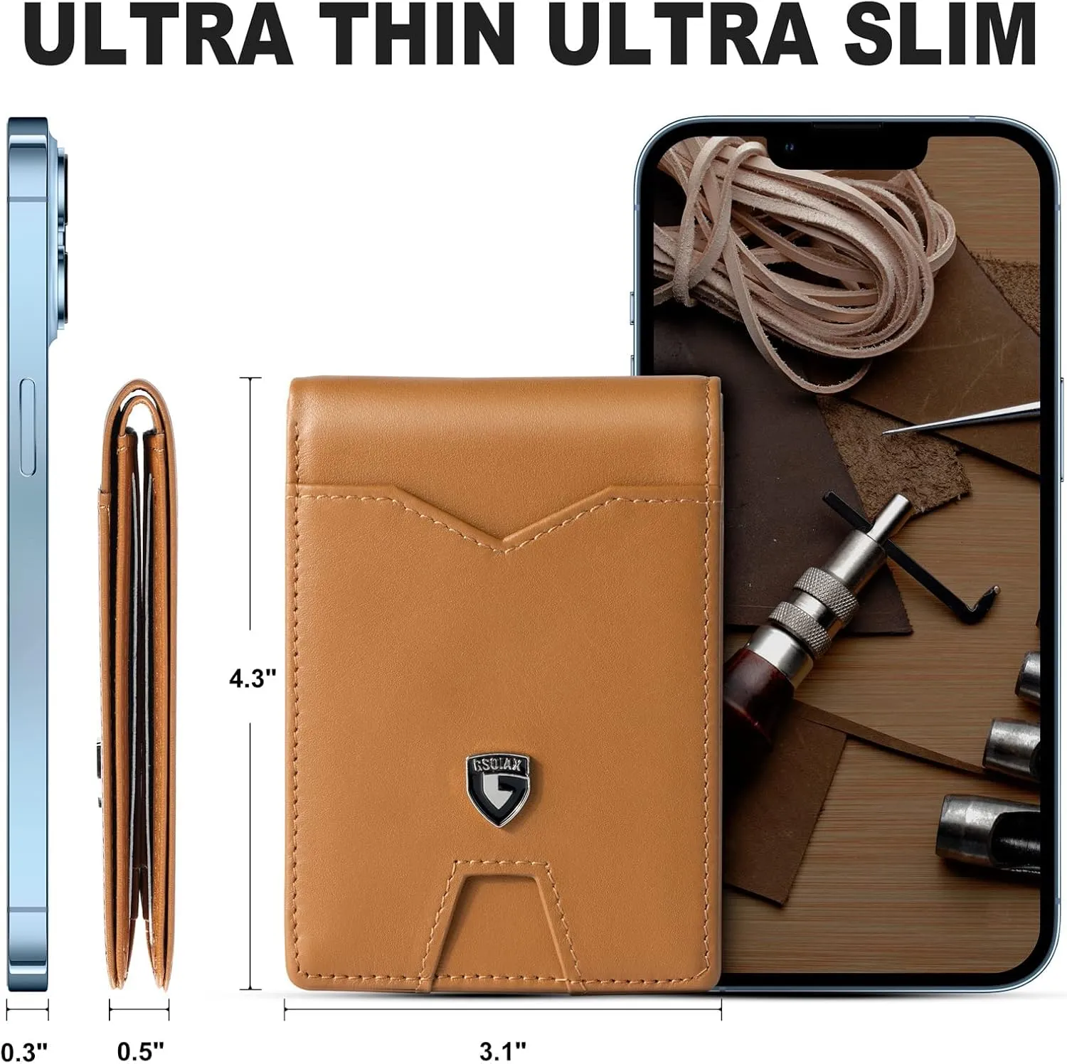 GSOIAX Mens Slim Wallet for Men Minimalist Genuine Leather Carbon Fiber Rfid Blocking Bifold Credit Card Holder With Gift Box (Brown)