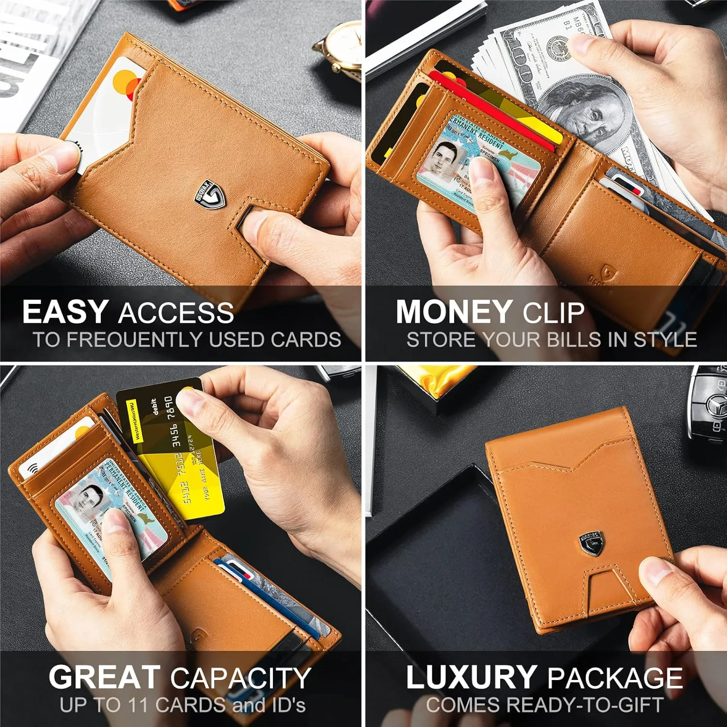 GSOIAX Mens Slim Wallet for Men Minimalist Genuine Leather Carbon Fiber Rfid Blocking Bifold Credit Card Holder With Gift Box (Brown)