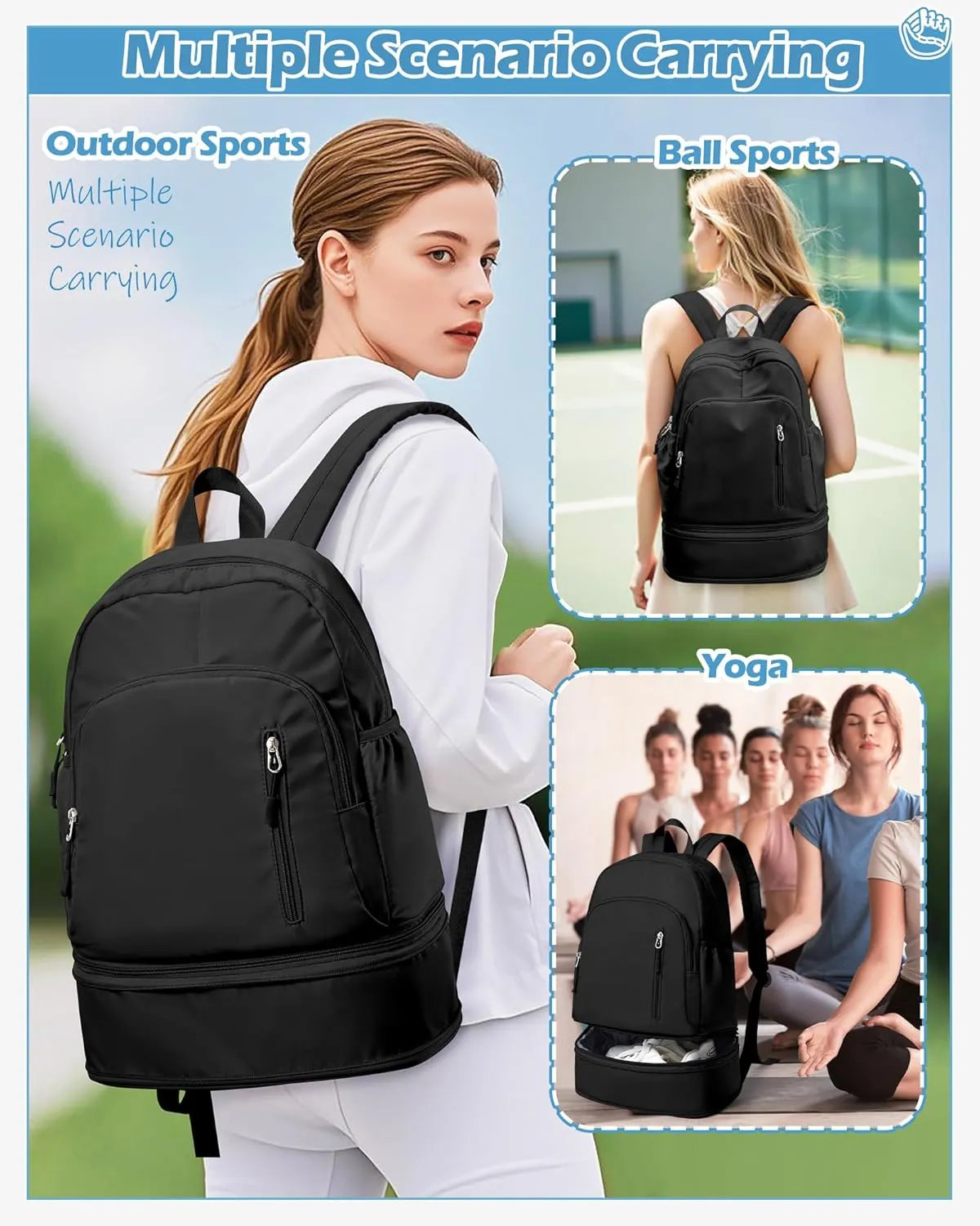 Gym Backpack for Women with Shoes Compartment, waterproof Sports Backpack with Dry Wet Separated Pocket, Cheer Sports Backpack Set, Gym Bags for Fitness Yoga Travel, Black