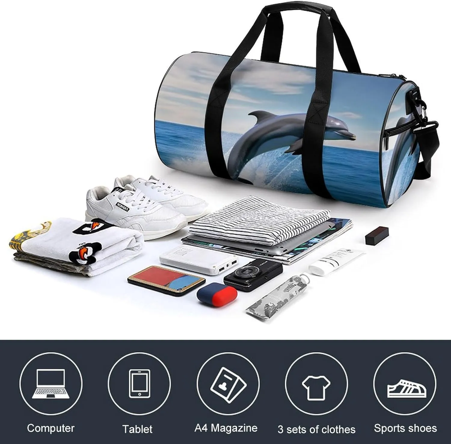 Gym Bag for Men Women Jumping Up Dolphins Duffel Bag Overnight Bag with Compartment Gym Sackpac