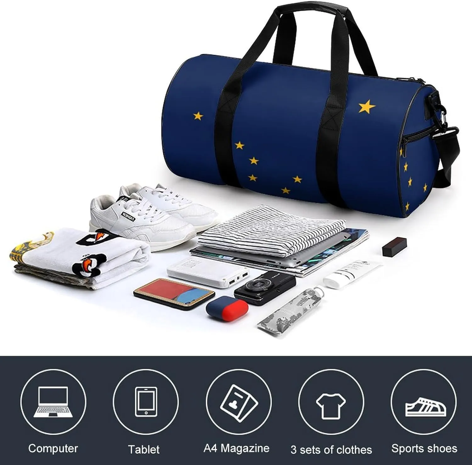 Gym Bag for Men Women Lightweight Sports Duffle Bag with Multiple Compartments Cylindrical Gym Bag for Fitness Travel And Outdoor Activities Ater Resistant Yoga Bag Training Bag Alaska Stars