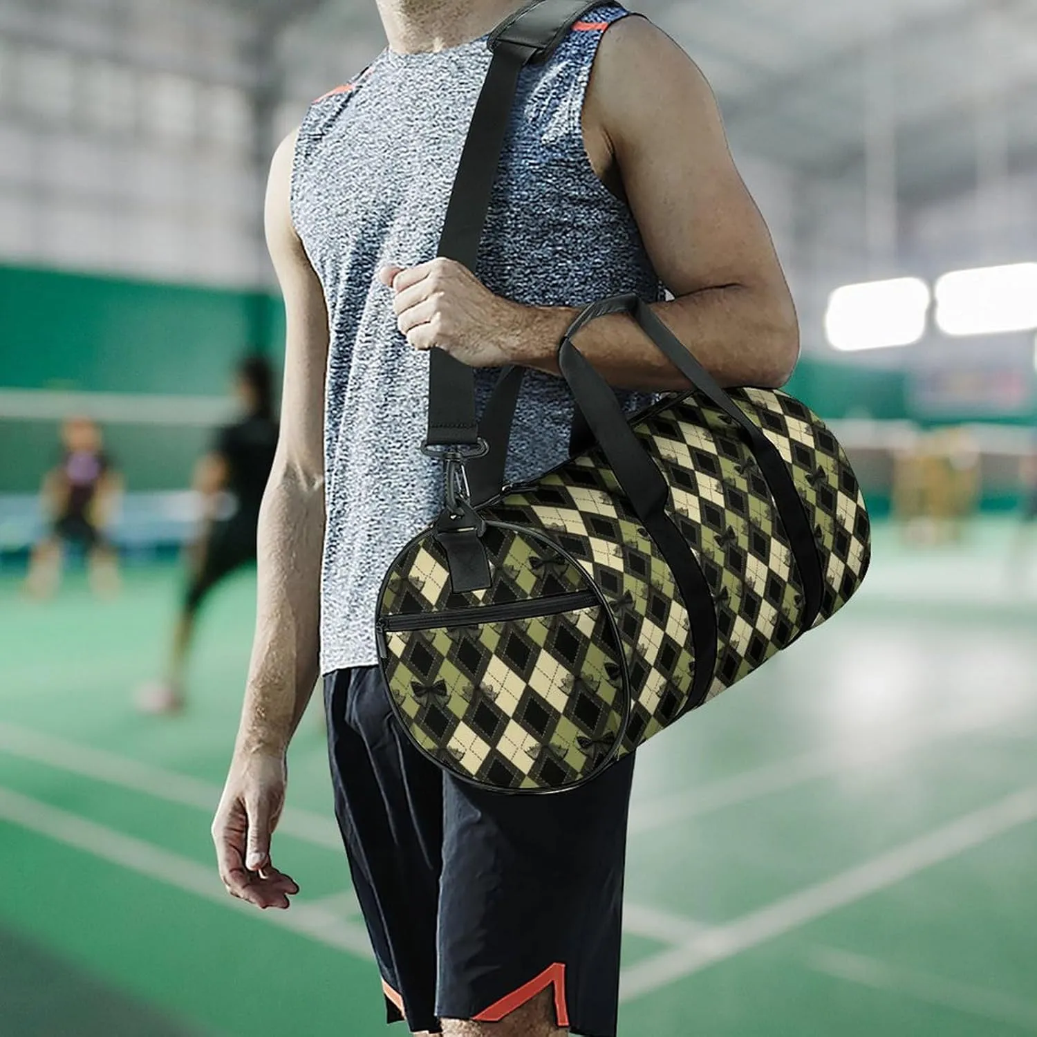 Gym Bag for Men Women Lightweight Sports Duffle Bag with Multiple Compartments Cylindrical Gym Bag for Fitness Travel And Outdoor Activities Ater Resistant Yoga Bag Training Bag Bow Argyle