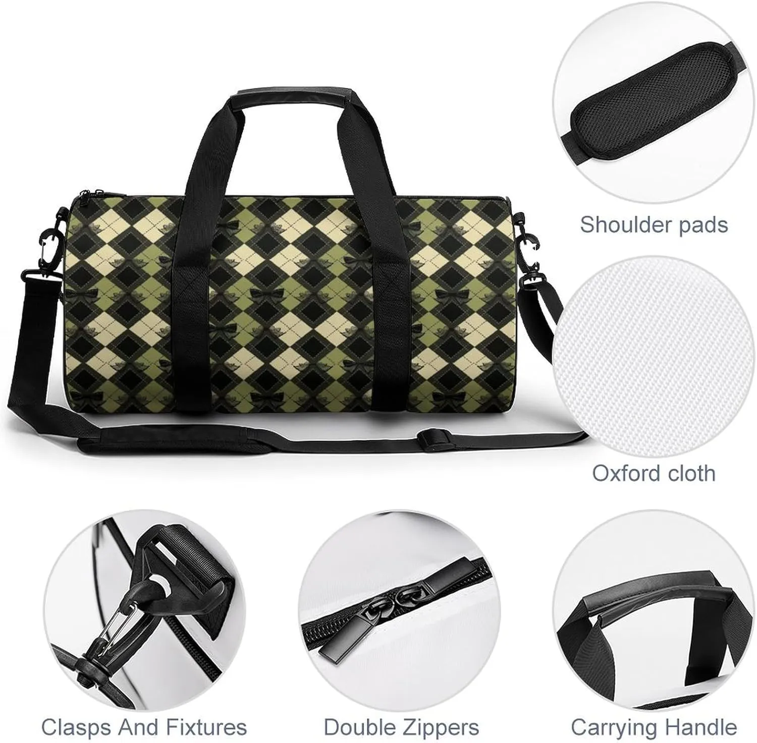 Gym Bag for Men Women Lightweight Sports Duffle Bag with Multiple Compartments Cylindrical Gym Bag for Fitness Travel And Outdoor Activities Ater Resistant Yoga Bag Training Bag Bow Argyle