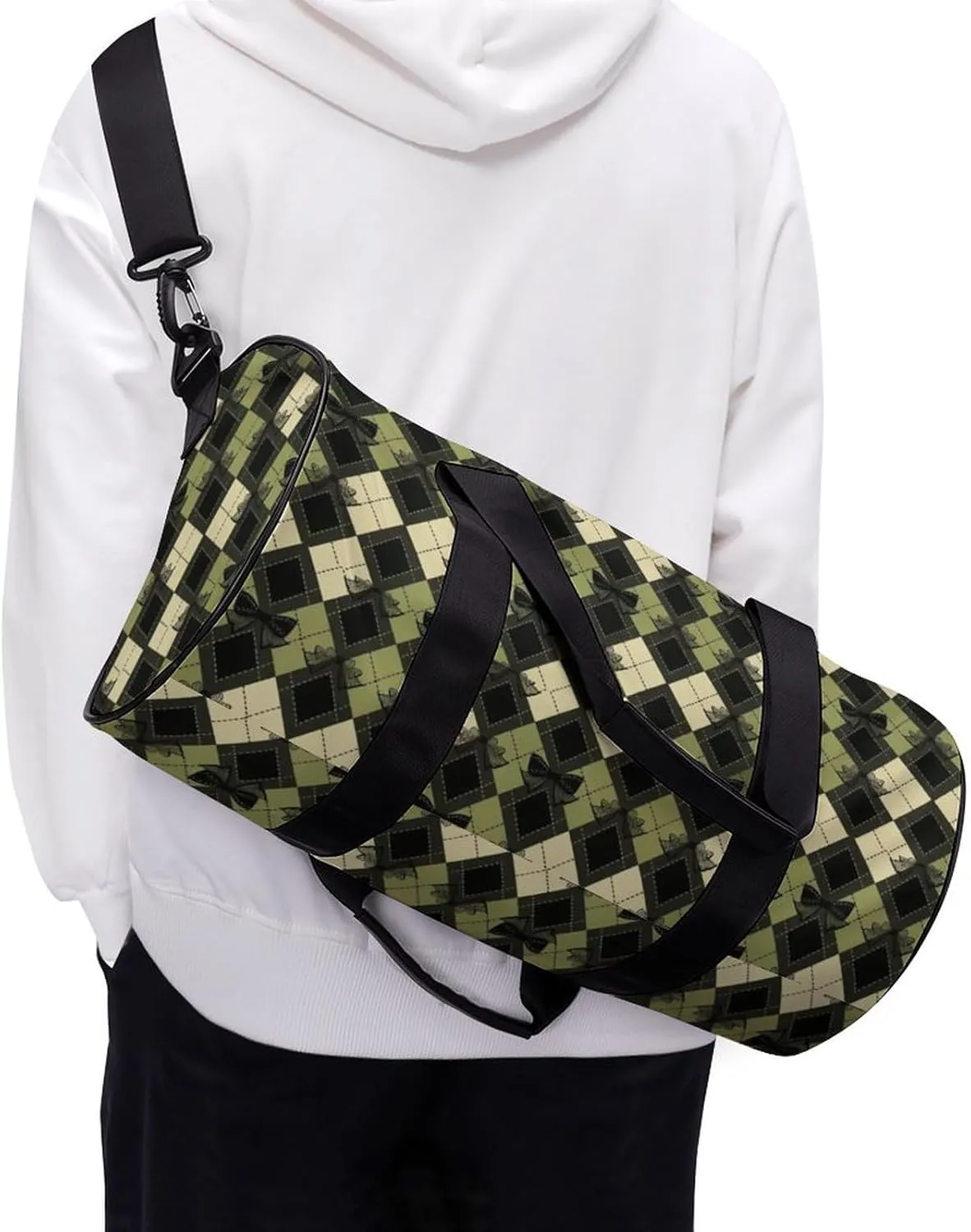 Gym Bag for Men Women Lightweight Sports Duffle Bag with Multiple Compartments Cylindrical Gym Bag for Fitness Travel And Outdoor Activities Ater Resistant Yoga Bag Training Bag Bow Argyle