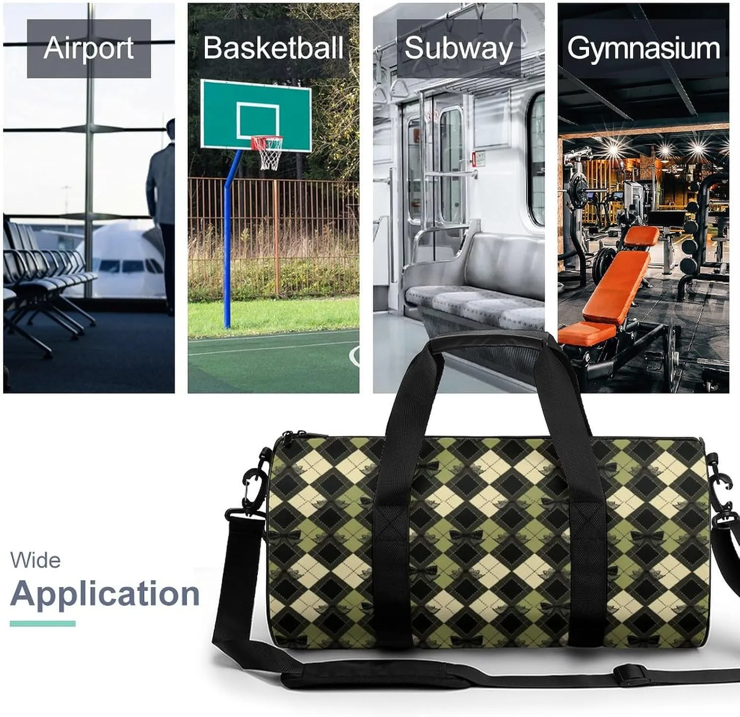 Gym Bag for Men Women Lightweight Sports Duffle Bag with Multiple Compartments Cylindrical Gym Bag for Fitness Travel And Outdoor Activities Ater Resistant Yoga Bag Training Bag Bow Argyle