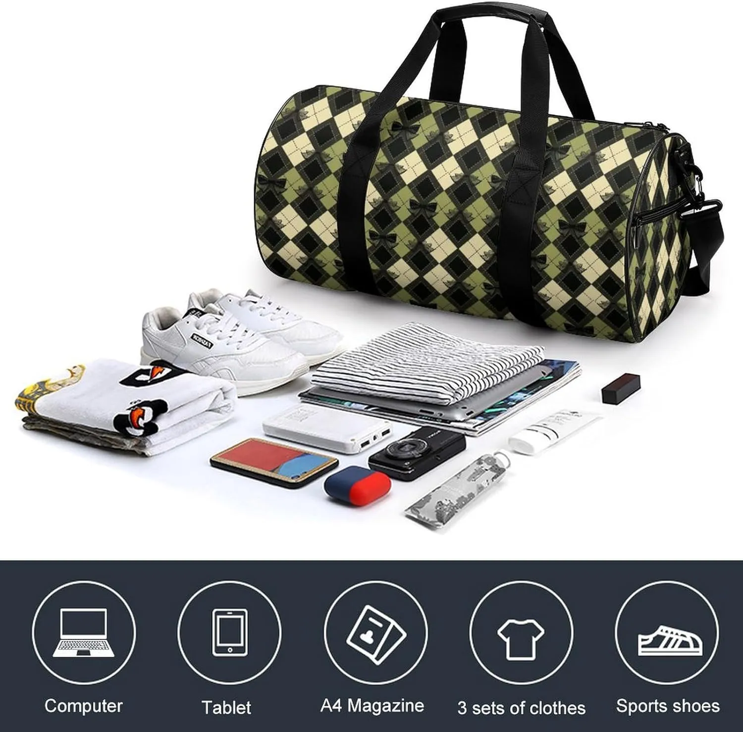 Gym Bag for Men Women Lightweight Sports Duffle Bag with Multiple Compartments Cylindrical Gym Bag for Fitness Travel And Outdoor Activities Ater Resistant Yoga Bag Training Bag Bow Argyle