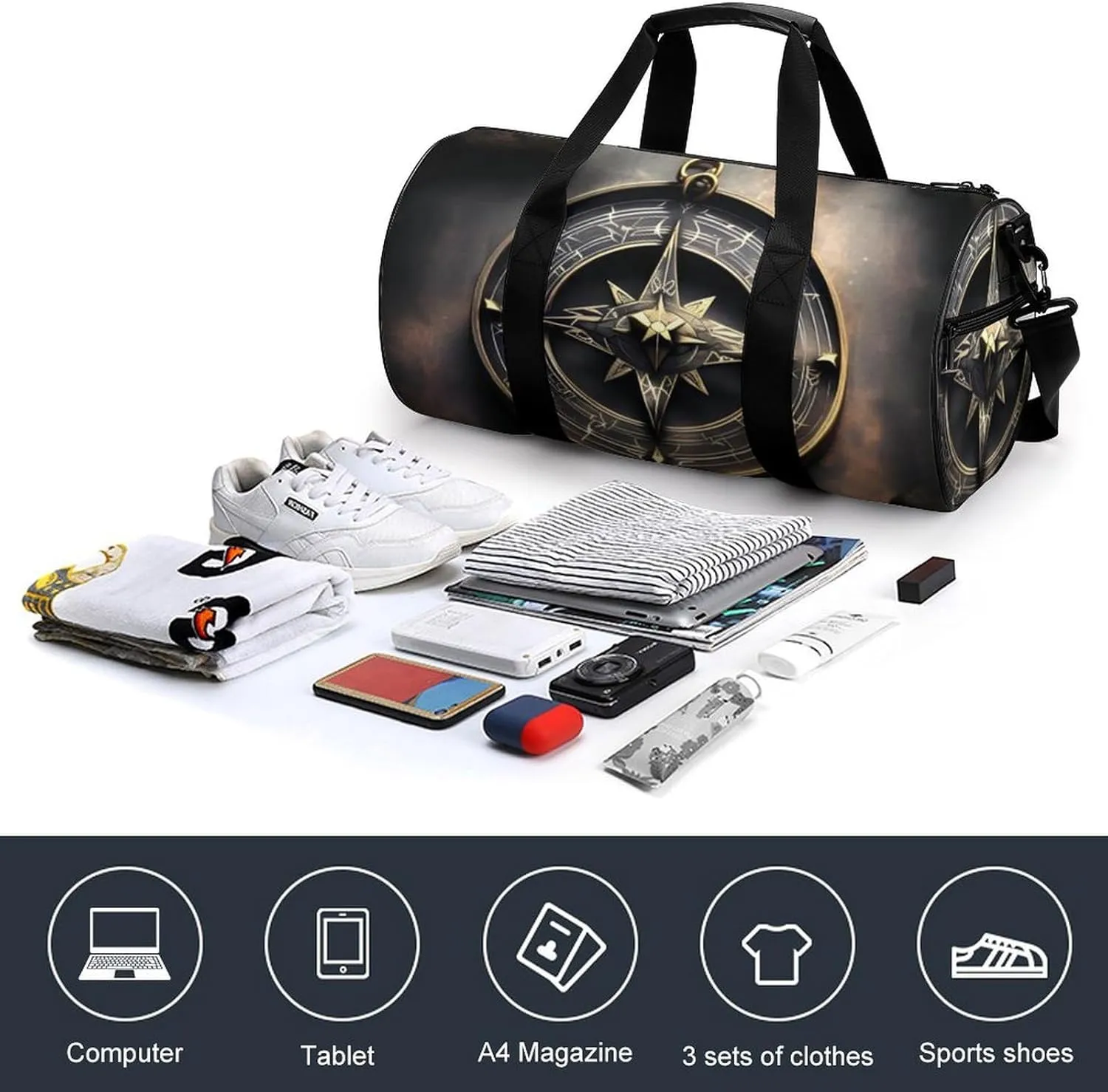 Gym Bag for Men Women Magical Design Norse Runes Compass Duffel Bag Overnight Bag with Compartment Gym Sackpac