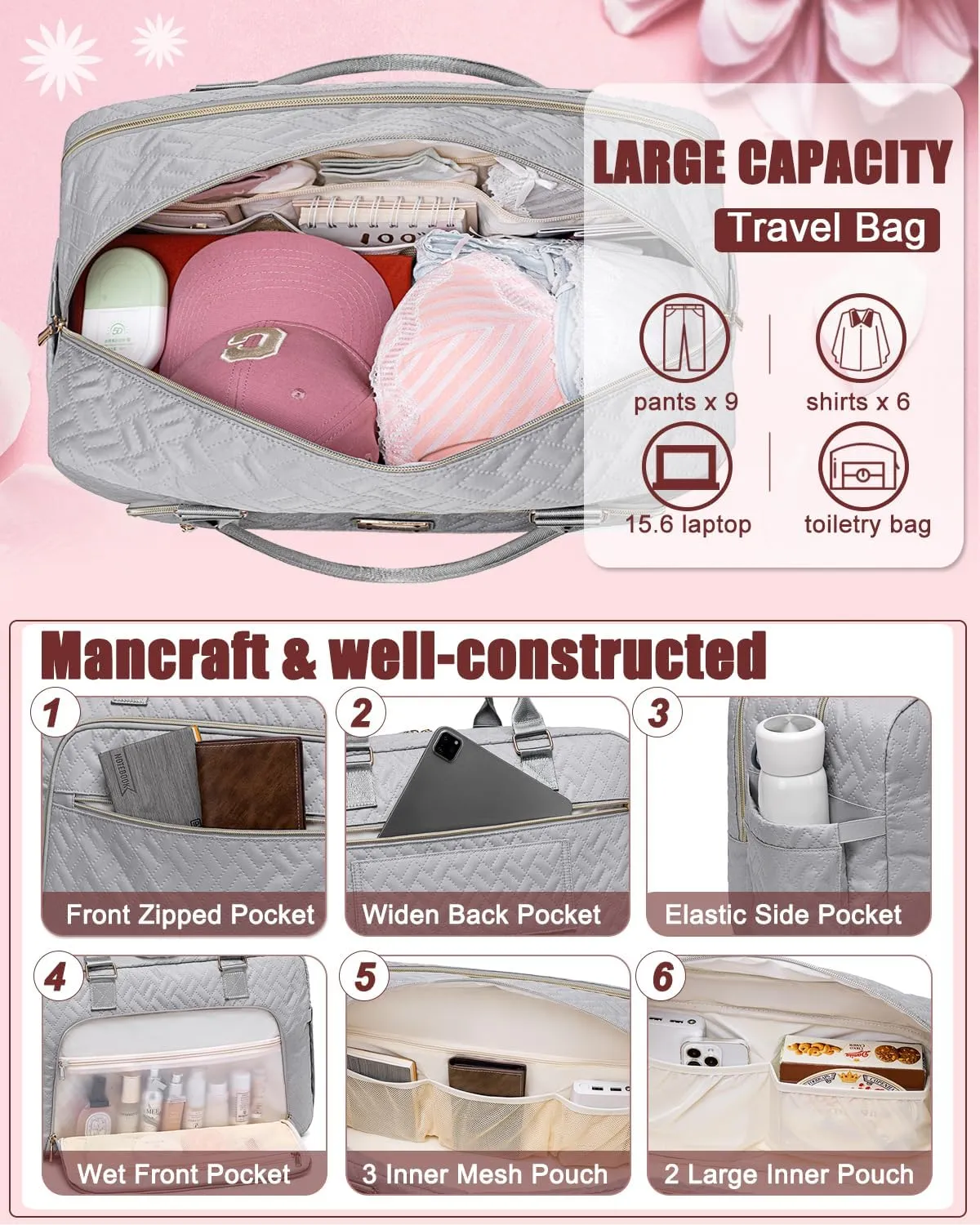 Gym Bag for Women,Travel Duffle Bag for Women,Weekender Overnight Bag with Wet Pocket,Carry On Bag with Toiletry Bag