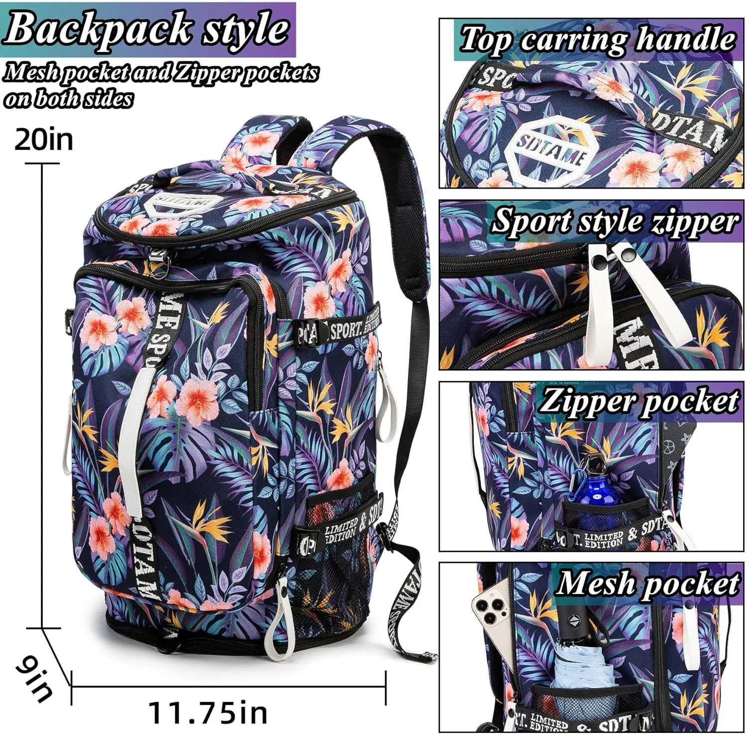 Gym Duffle Bag Backpack with Shoe Compartment,4 ways Travel Backpack for Women and Men,Multi-Functional Weekender bag with Waterproof Layer&Laptop Compartment for Fitness, Travel,Camping