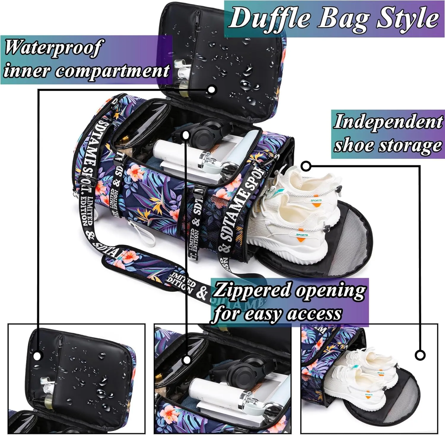 Gym Duffle Bag Backpack with Shoe Compartment,4 ways Travel Backpack for Women and Men,Multi-Functional Weekender bag with Waterproof Layer&Laptop Compartment for Fitness, Travel,Camping