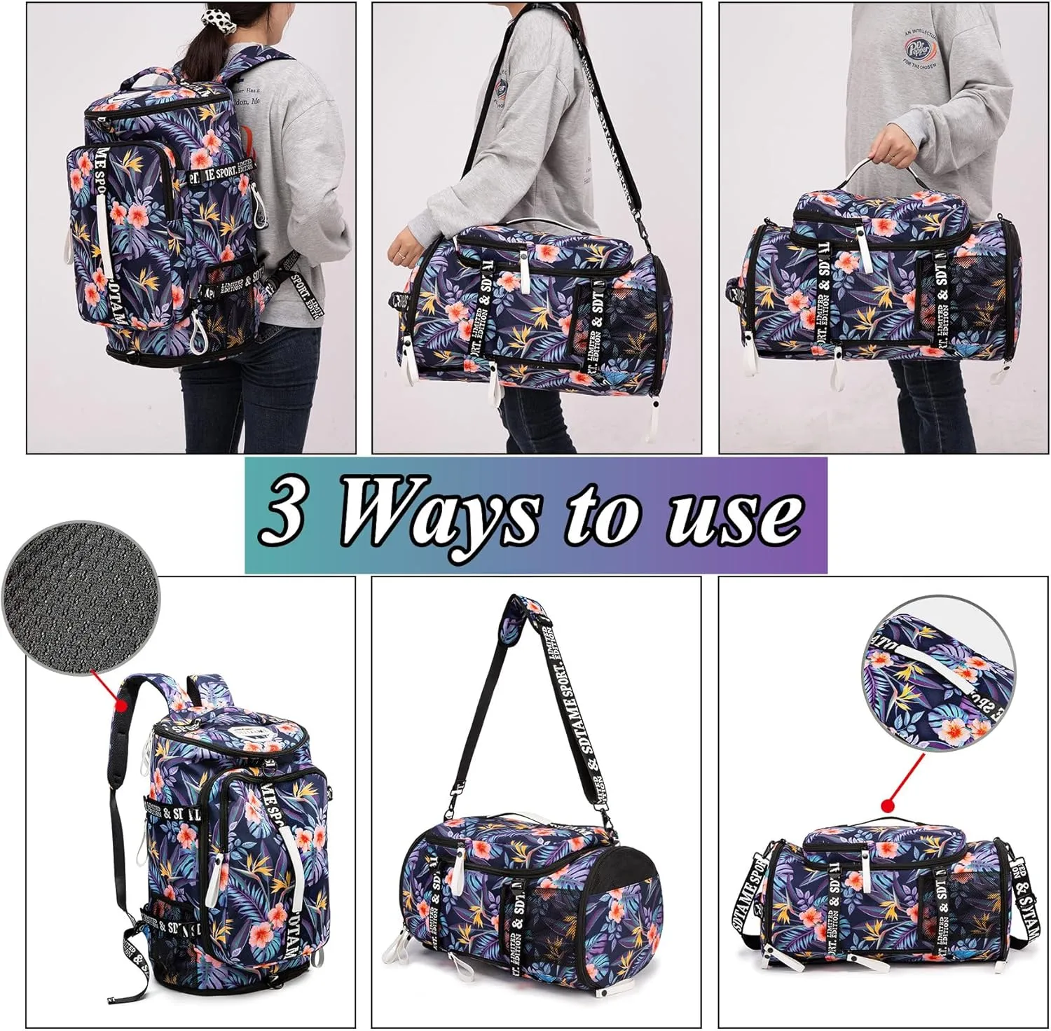 Gym Duffle Bag Backpack with Shoe Compartment,4 ways Travel Backpack for Women and Men,Multi-Functional Weekender bag with Waterproof Layer&Laptop Compartment for Fitness, Travel,Camping