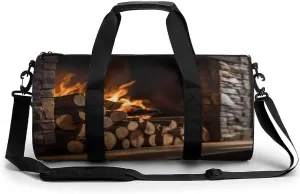 Gym Duffle Bag,Wood on Fireplace Print Sport Gym Bag,cylindrical Fitness Bag,duffle Travel Bag for Men Women