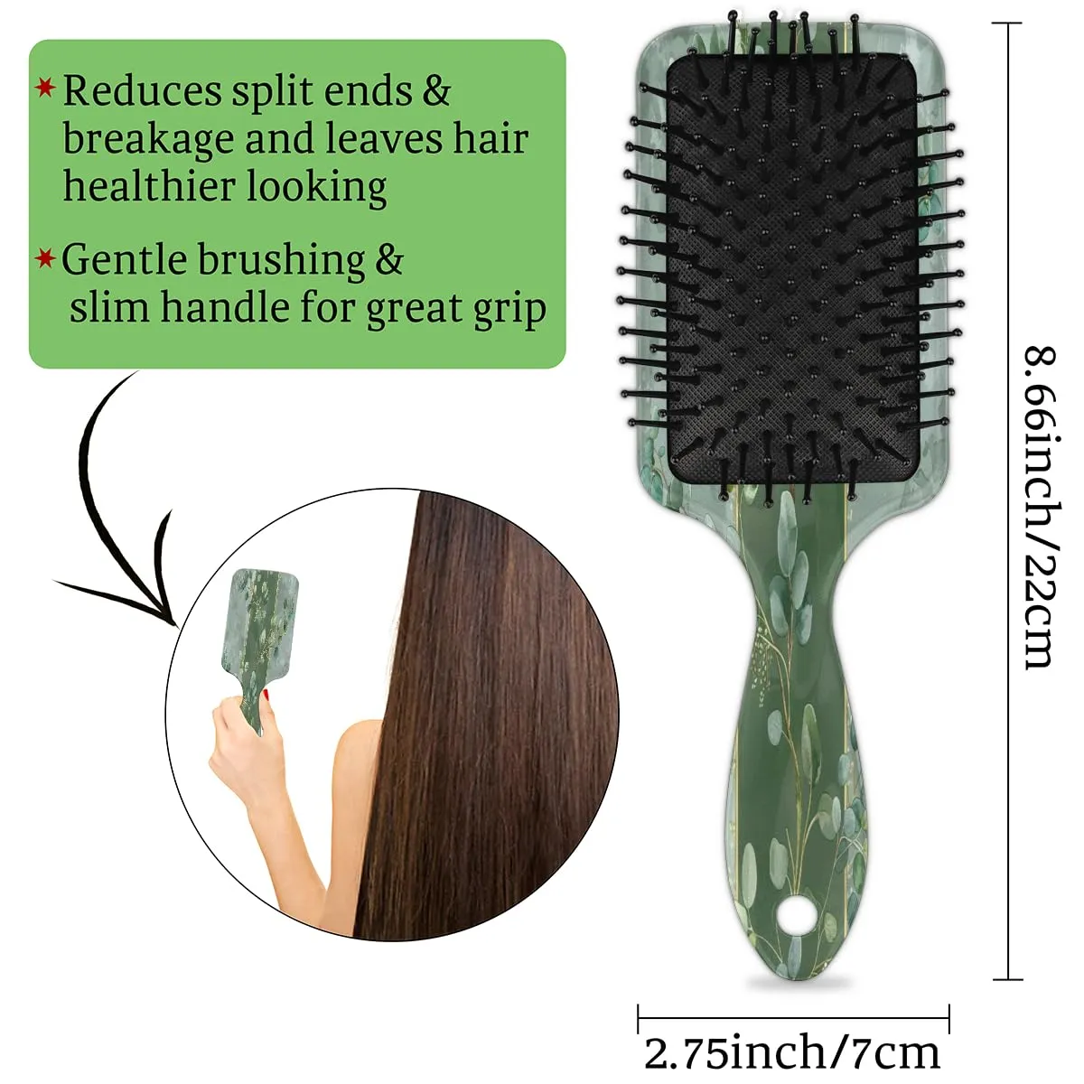Hair Brush, Eucalyptus Leaves Curly Brush, All Hair Types, Ultra-Soft Bristles Glide Through Tangles with Ease, Curly Dry Wet Hair Comb for Men Women, Green Leaves
