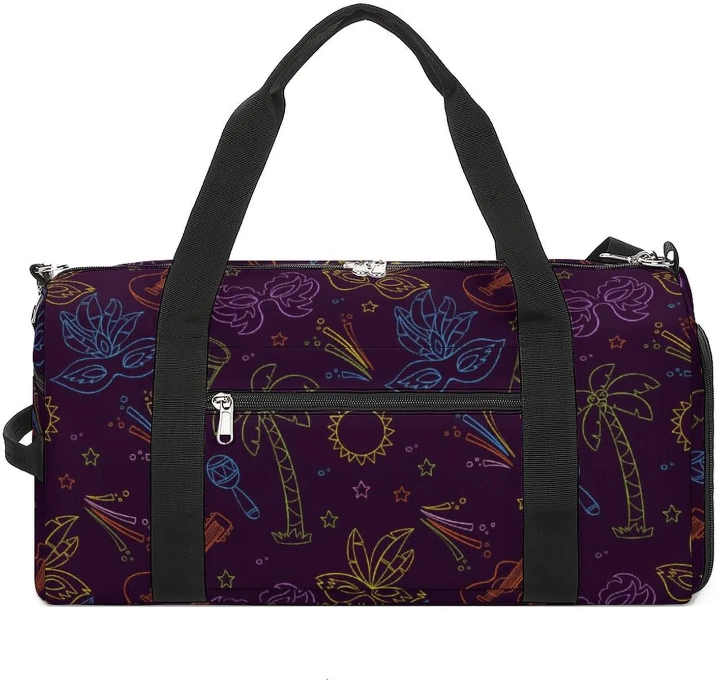 Hand Drawn Colorful Carnival Pattern Sports Tote Gym Bag for Women Men, Overnight Bag with Shoe Compartment Water Resistant