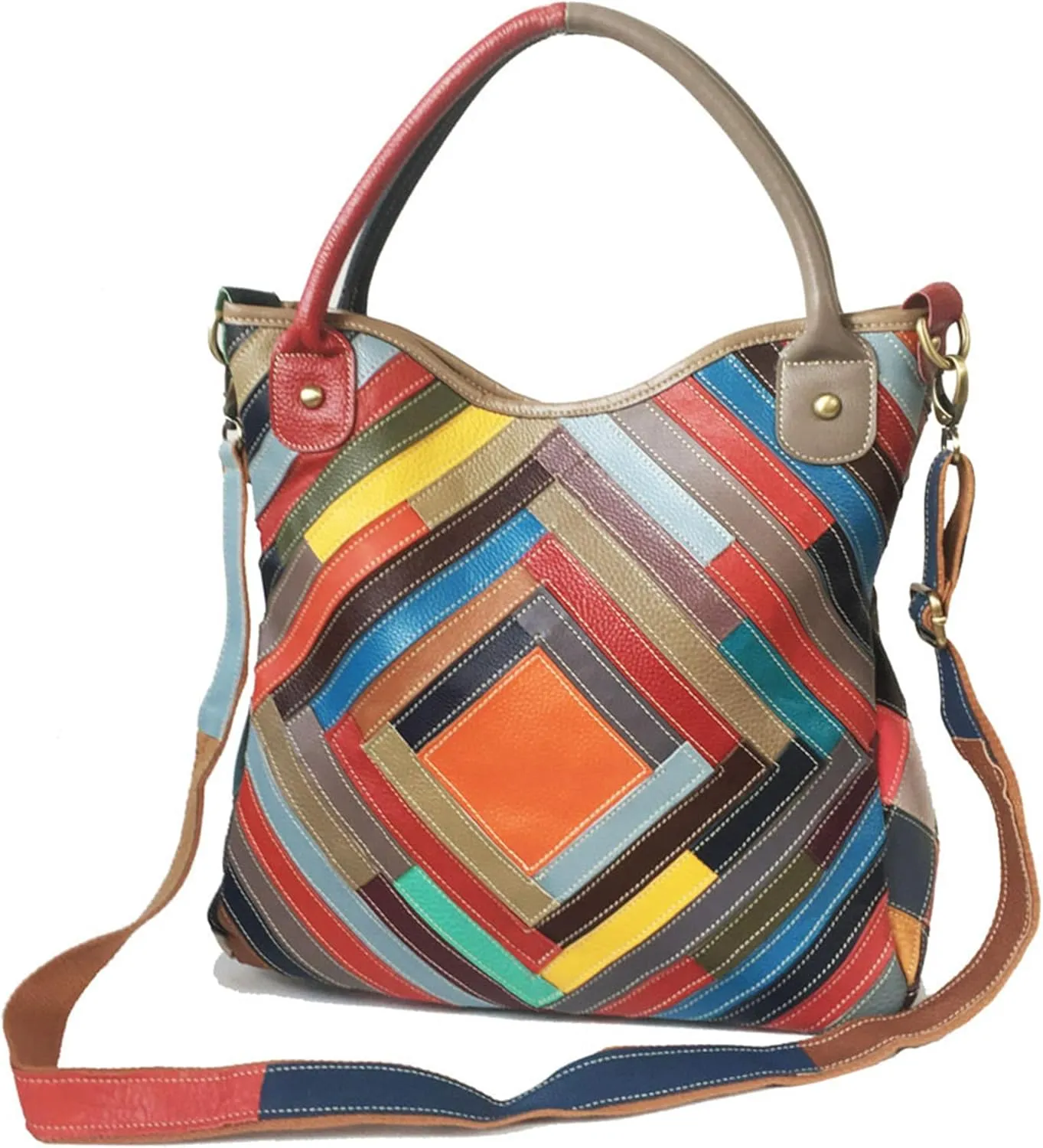 Handmade Cowhide Multi-color Block Random Stitching Unique Style Women's Bag - Crossbody, Shoulder and Handheld