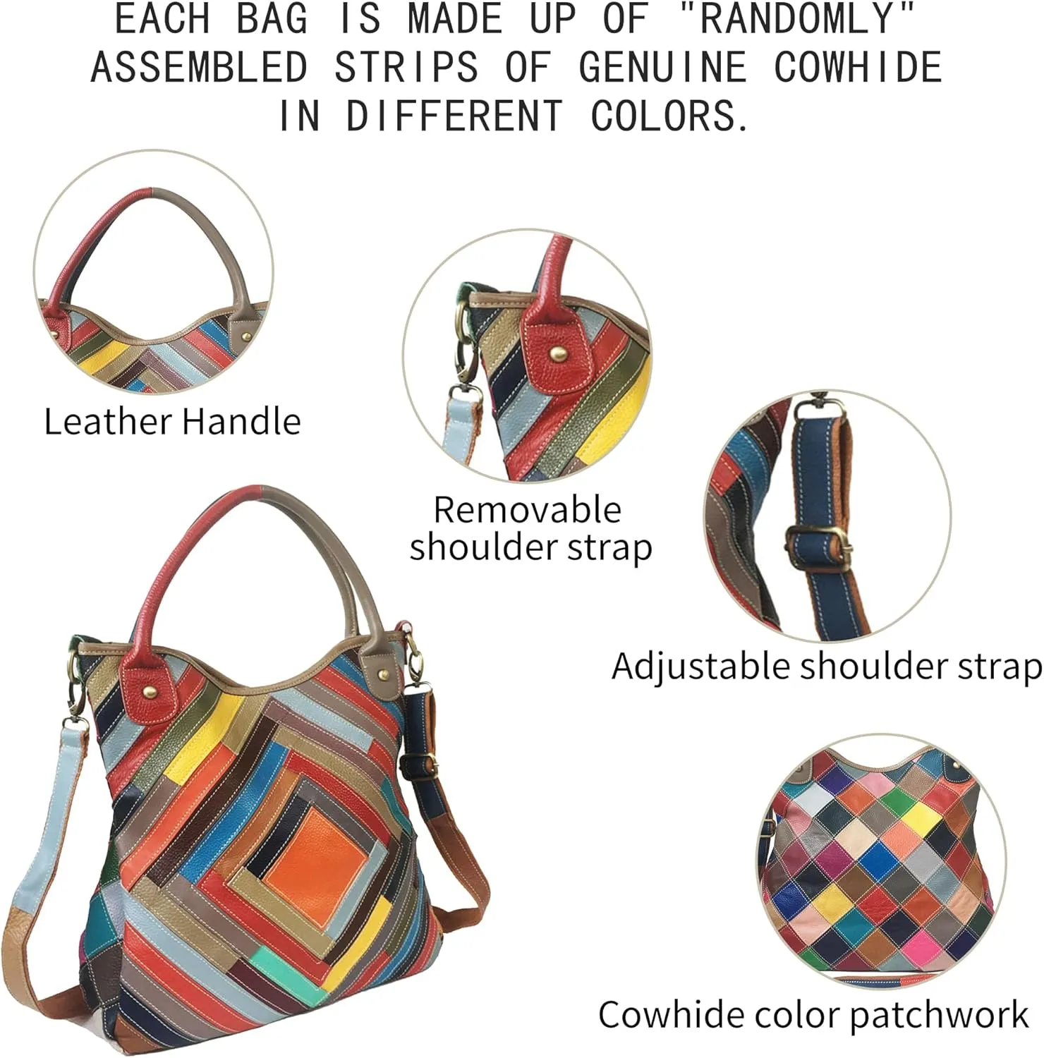 Handmade Cowhide Multi-color Block Random Stitching Unique Style Women's Bag - Crossbody, Shoulder and Handheld