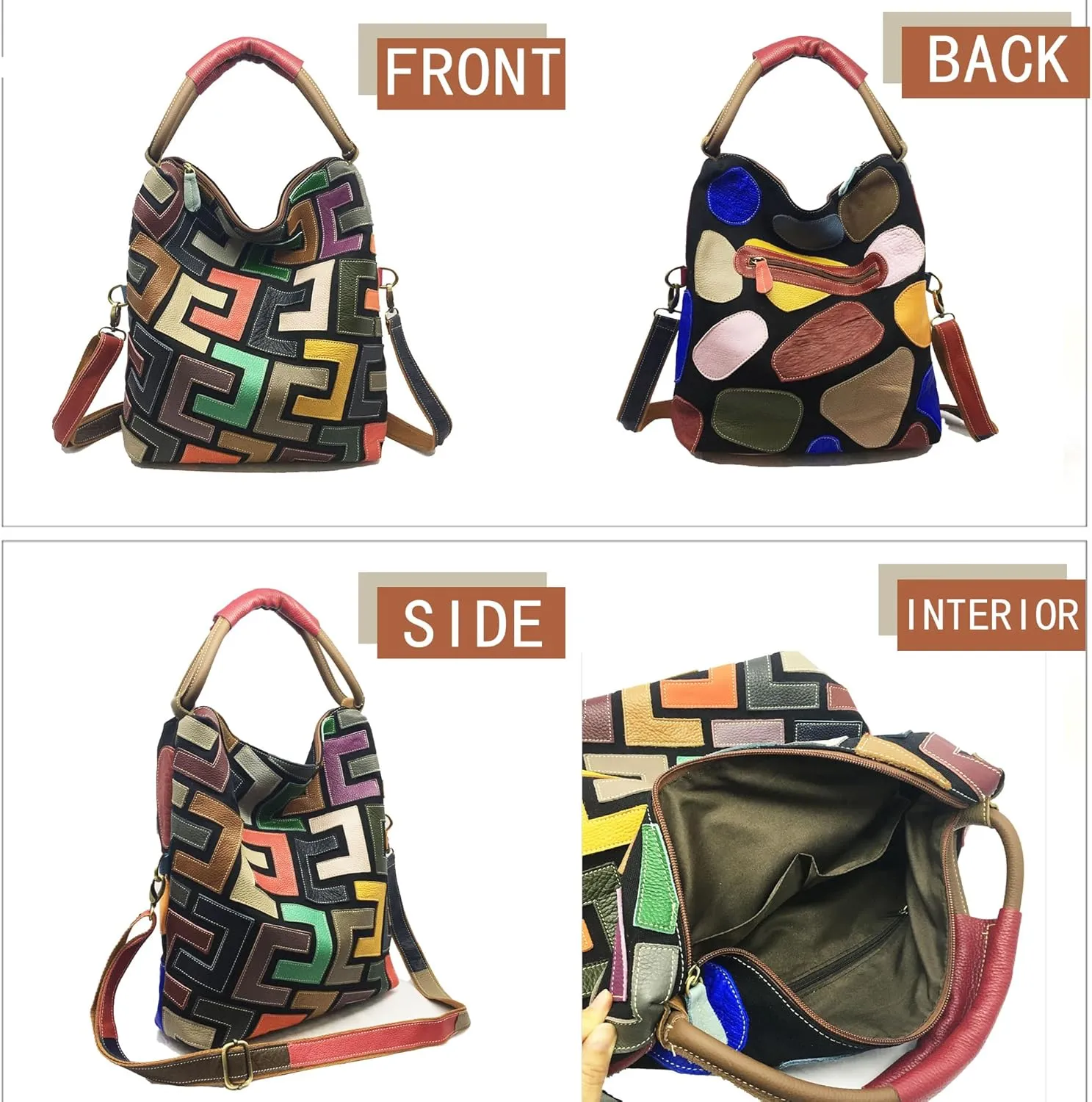 Handmade Cowhide Multi-color Block Random Stitching Unique Style Women's Bag - Crossbody, Shoulder and Handheld