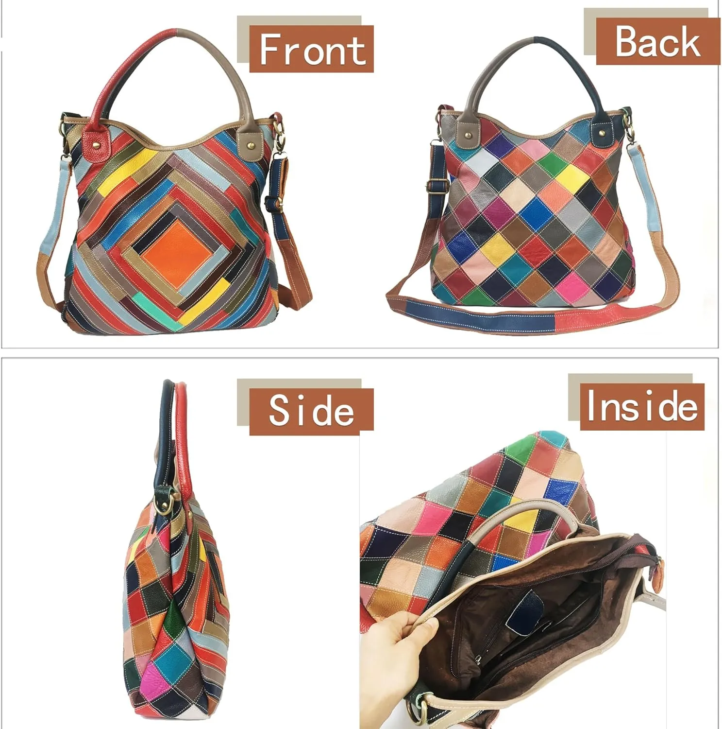 Handmade Cowhide Multi-color Block Random Stitching Unique Style Women's Bag - Crossbody, Shoulder and Handheld
