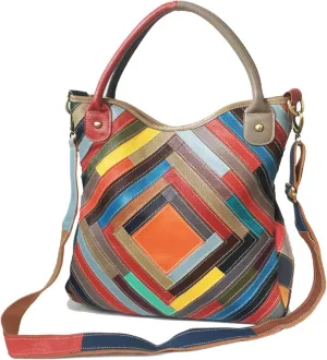 Handmade Cowhide Multi-color Block Random Stitching Unique Style Women's Bag - Crossbody, Shoulder and Handheld