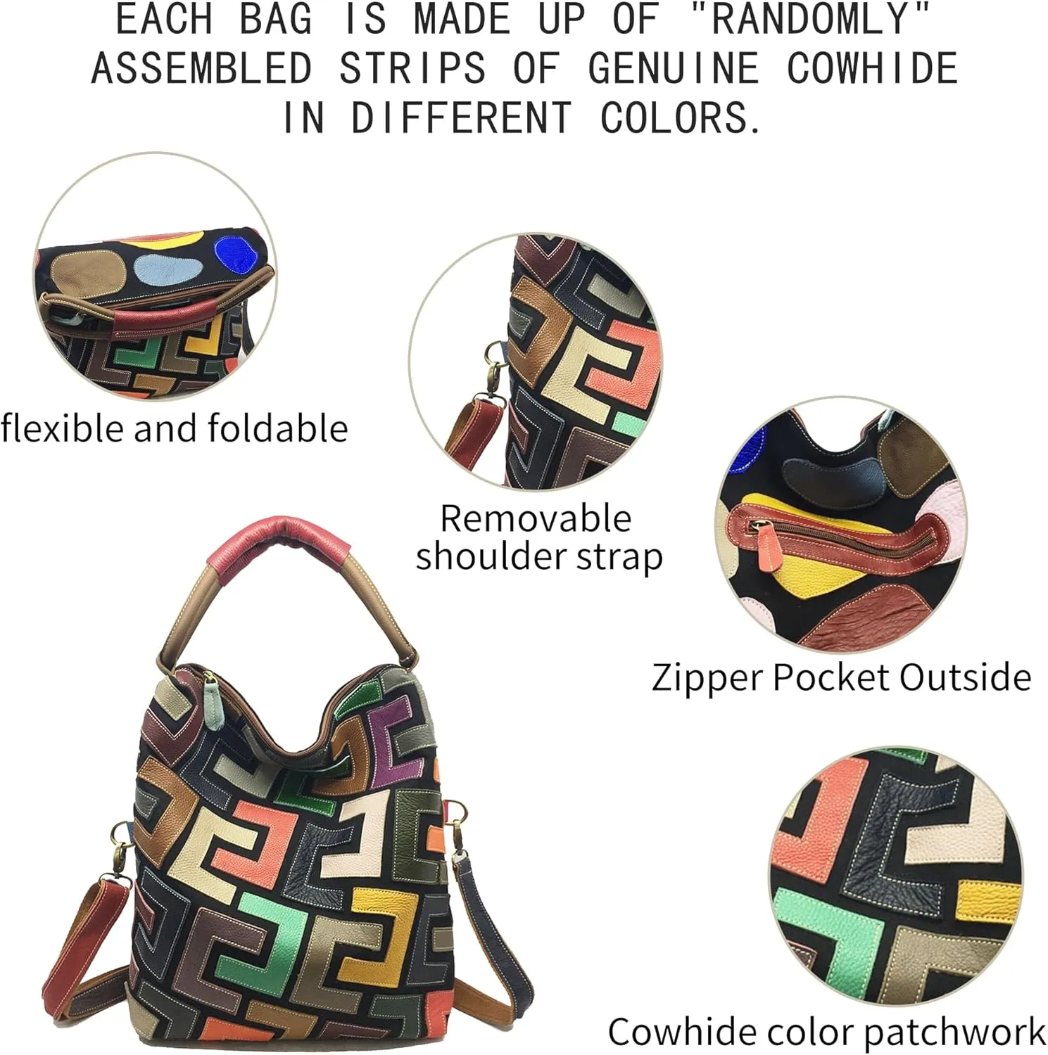 Handmade Cowhide Multi-color Block Random Stitching Unique Style Women's Bag - Crossbody, Shoulder and Handheld