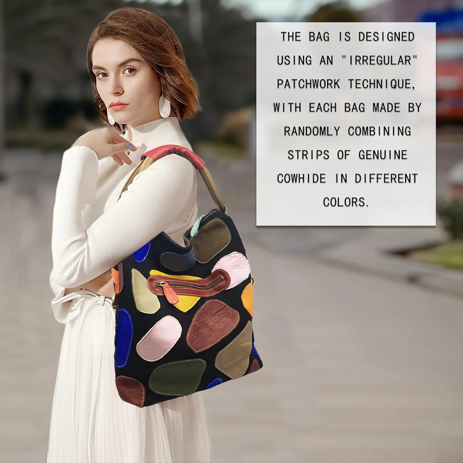 Handmade Cowhide Multi-color Block Random Stitching Unique Style Women's Bag - Crossbody, Shoulder and Handheld