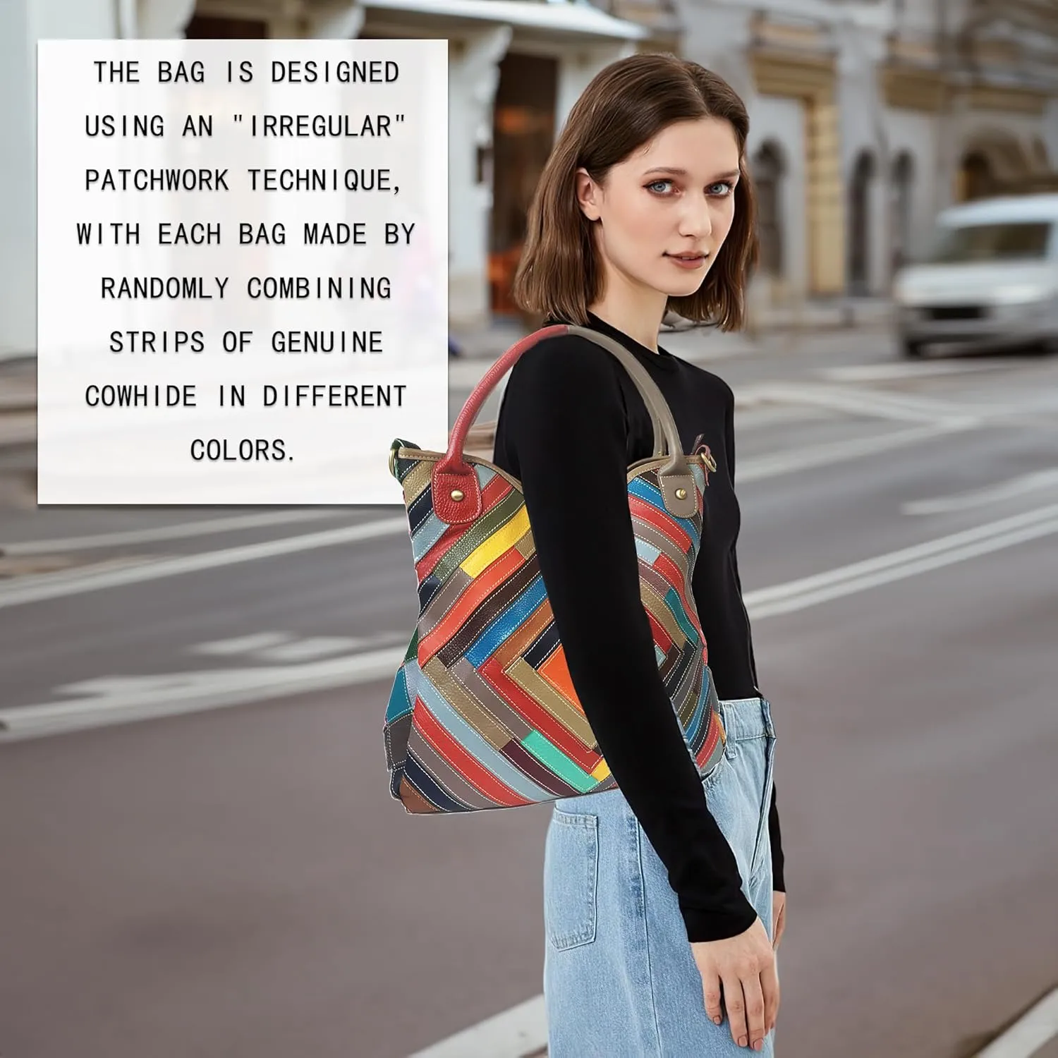 Handmade Cowhide Multi-color Block Random Stitching Unique Style Women's Bag - Crossbody, Shoulder and Handheld