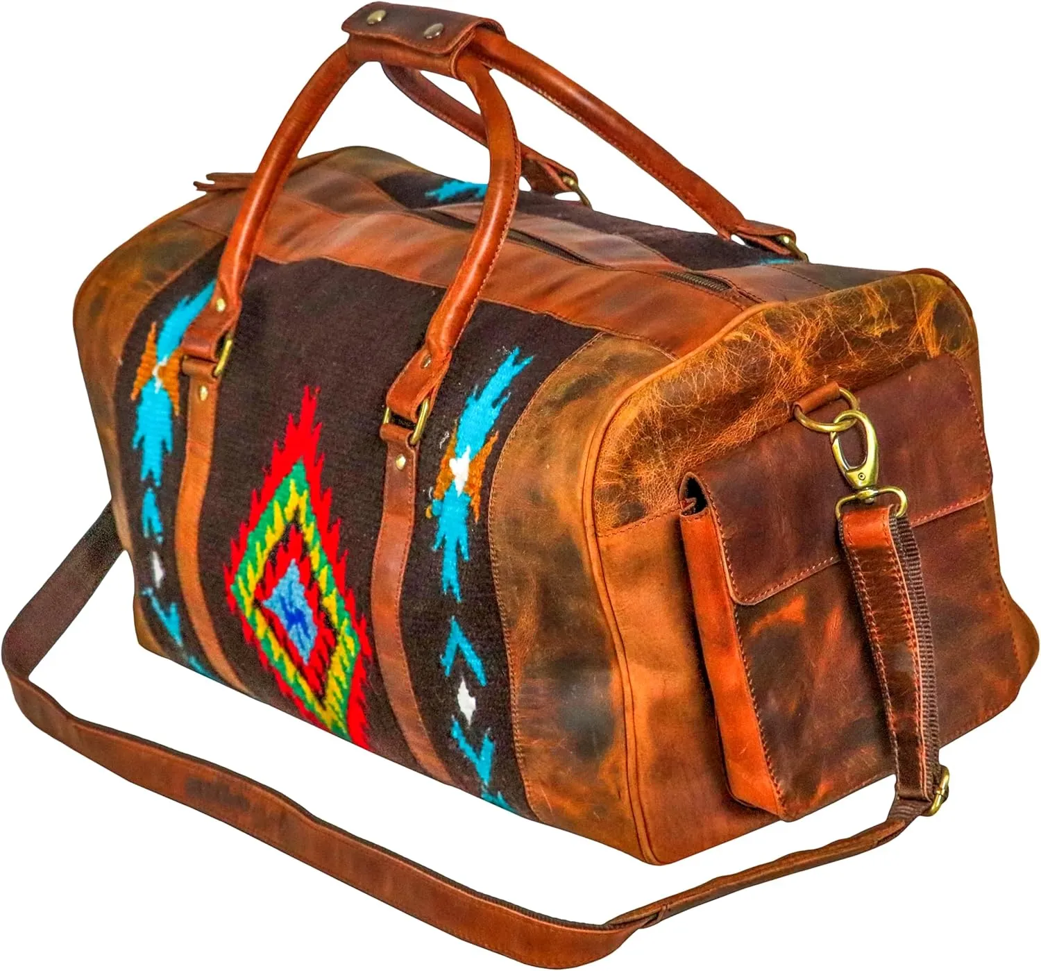 Handmade Premium Duffle Bag leather heavy duty Gym Sports Airplane Overnight Luggage Carry On Unisex Travel Hand woven Rug Bag Wollen Hand Bag Gift for His/Her (RUG DUFFLE BAG STYLE_01)