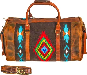 Handmade Premium Duffle Bag leather heavy duty Gym Sports Airplane Overnight Luggage Carry On Unisex Travel Hand woven Rug Bag Wollen Hand Bag Gift for His/Her (RUG DUFFLE BAG STYLE_01)