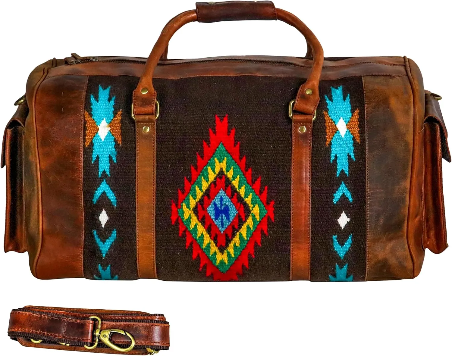 Handmade Premium Duffle Bag leather heavy duty Gym Sports Airplane Overnight Luggage Carry On Unisex Travel woven Rug Bag Wollen Hand Bag Gift for His/Her