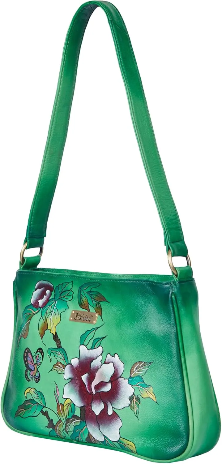 Handpainted Green Genuine Leather Shoulder Bag with Floral Design