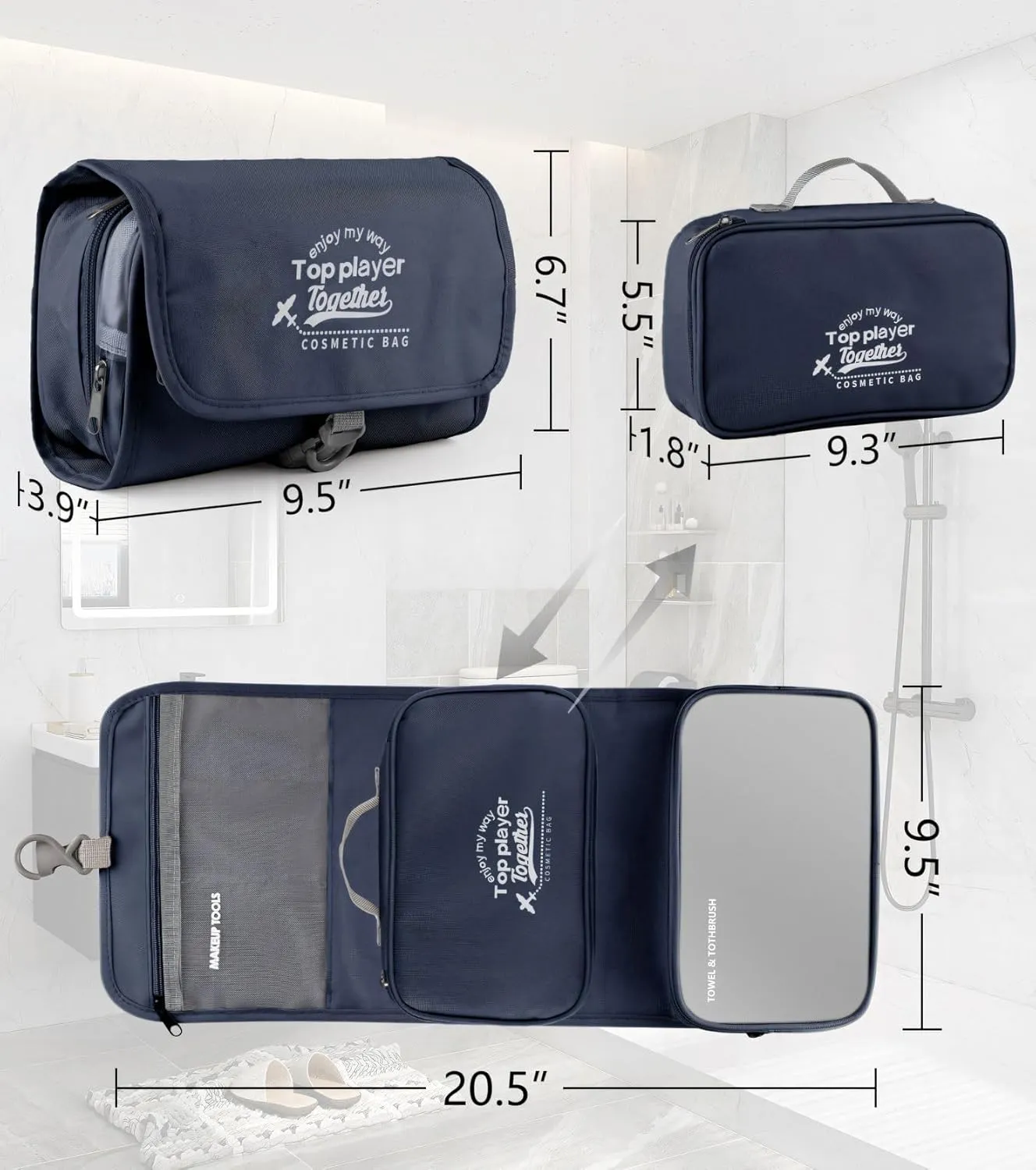 Hanging toiletry bag for men - large functional hanging travel toiletry bag with detachable wet/dry compartments. mens hanging toiletry travel bag (dark blue)