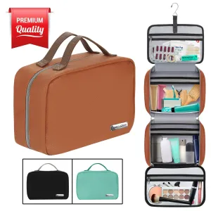 Hanging Travel Toiletry Bag for Women and Men (100% Leak Proof & Doubles as a Cosmetic/Makeup Bag) | Large (34”x11”) | Clear Pockets | Detachable Compartment | Cruelty-Free Leather | (Brown)