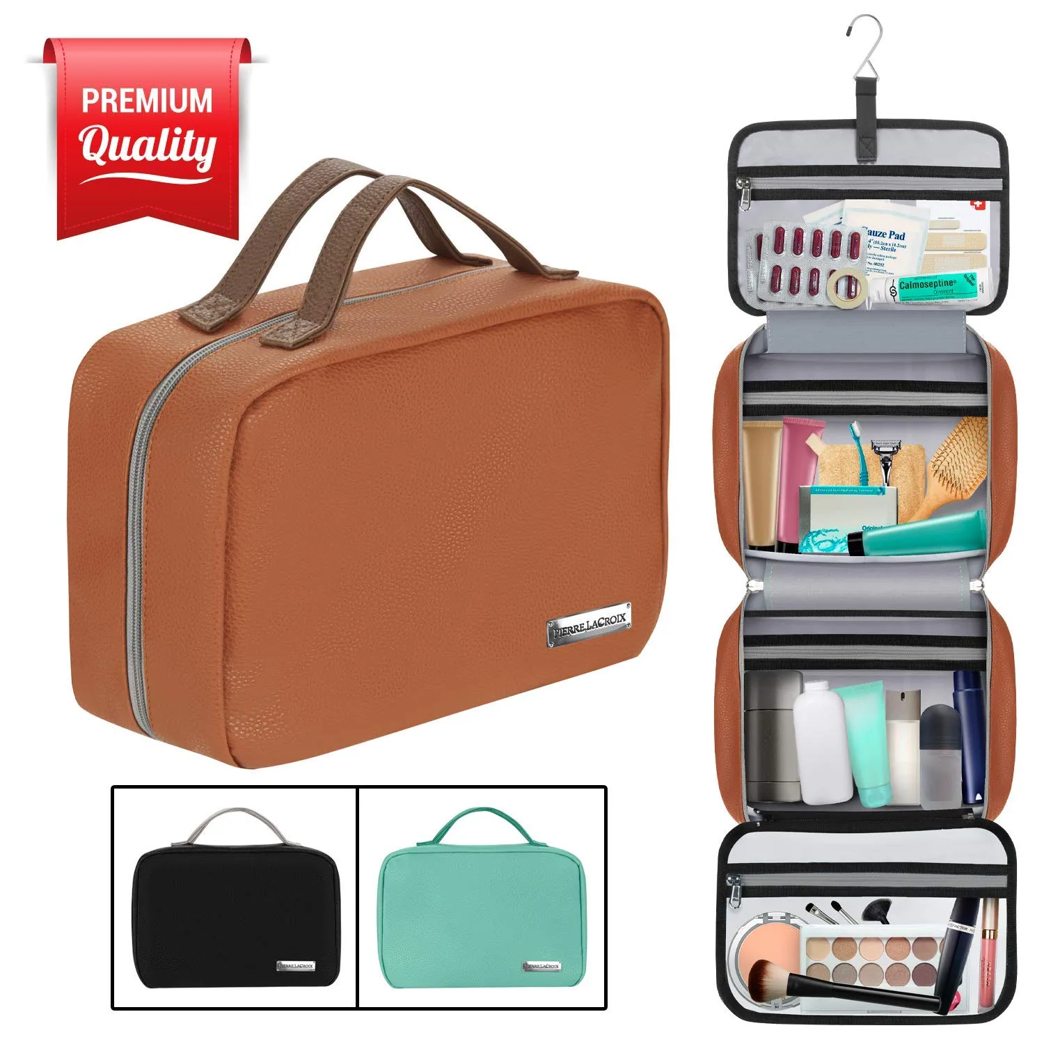 Hanging Travel Toiletry Bag for Women and Men (100% Leak Proof & Doubles as a Cosmetic/Makeup Bag) | Large (34”x11”) | Clear Pockets | Detachable Compartment | Cruelty-Free Leather | (Brown)