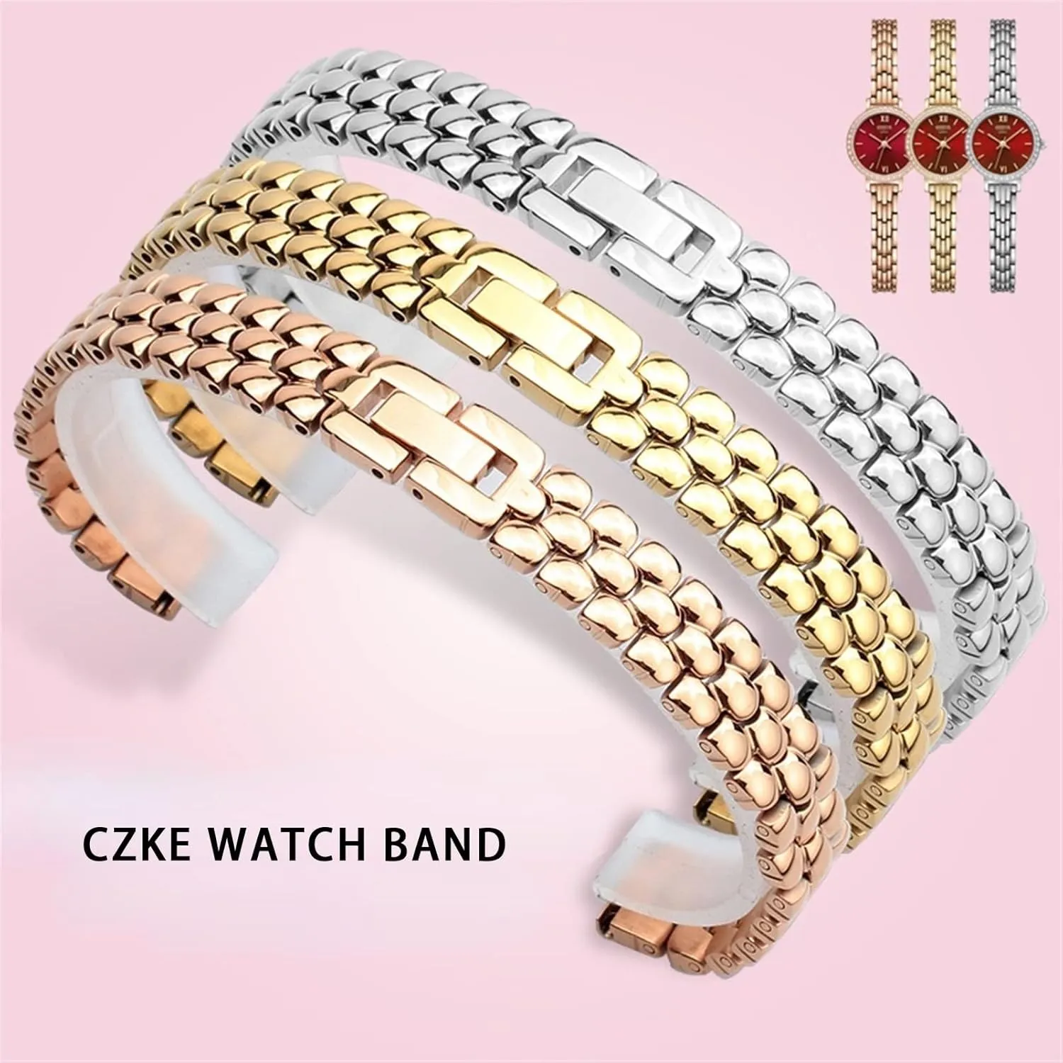 HaoLMi- 6 8 10 12 14mm Stainless Steel watchband Silver Rose Gold Bracelet Replacement StrapSmall Size dial Lady Fashion Watch Chain