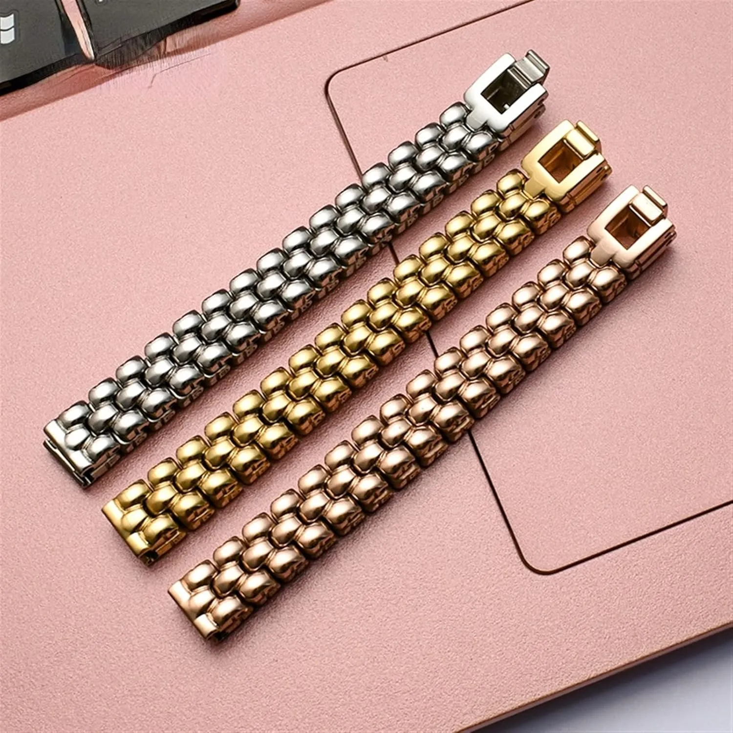 HaoLMi- 6 8 10 12 14mm Stainless Steel watchband Silver Rose Gold Bracelet Replacement StrapSmall Size dial Lady Fashion Watch Chain