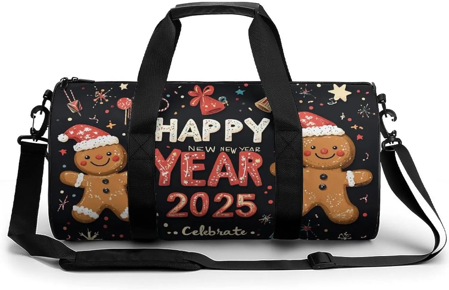HAPPY NEW YEAR Travel Gym Bag for Women Men Cartoon Cylindrical Duffle Bag Sport Workout Bag with Shoulder Strap