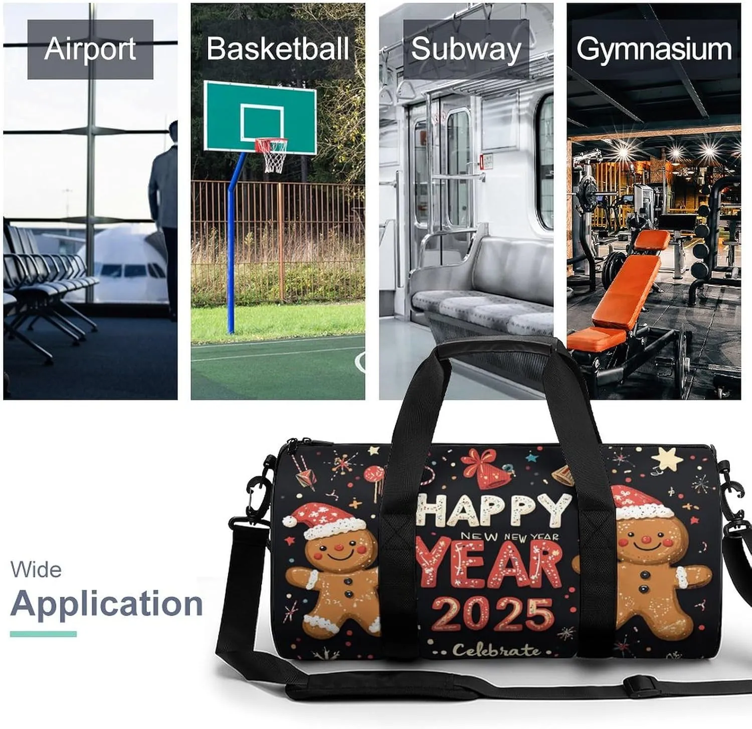 HAPPY NEW YEAR Travel Gym Bag for Women Men Cartoon Cylindrical Duffle Bag Sport Workout Bag with Shoulder Strap