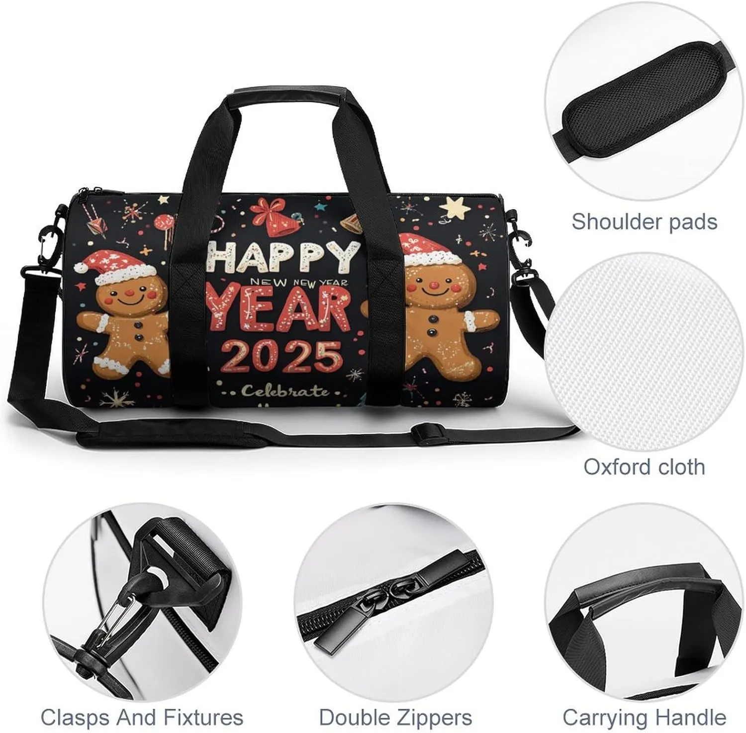 HAPPY NEW YEAR Travel Gym Bag for Women Men Cartoon Cylindrical Duffle Bag Sport Workout Bag with Shoulder Strap