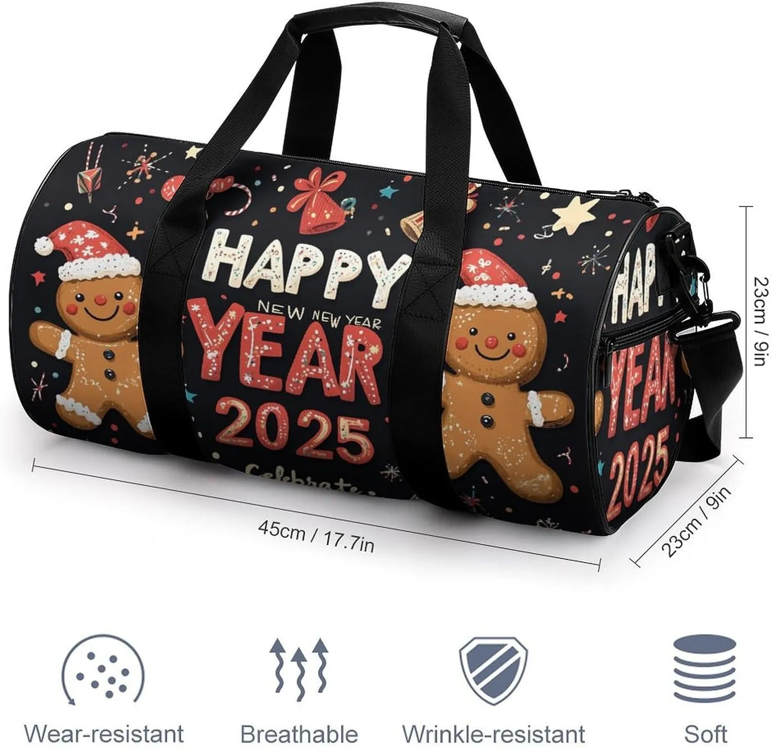 HAPPY NEW YEAR Travel Gym Bag for Women Men Cartoon Cylindrical Duffle Bag Sport Workout Bag with Shoulder Strap